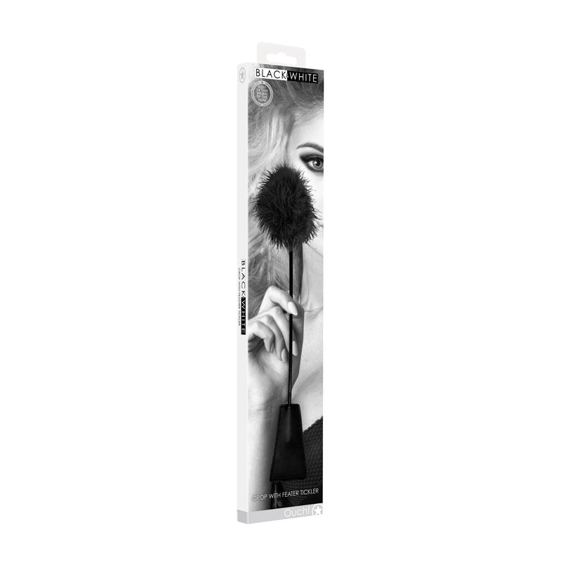 OUCH! Black & White Crop with Feather Tickler - Black 44 cm Feather Crop - silkandsin