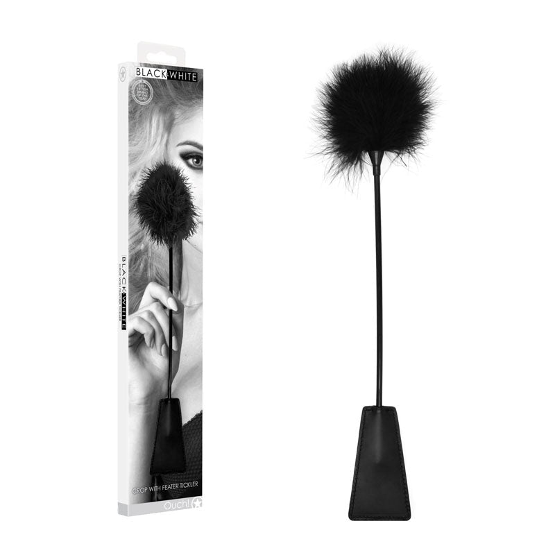 OUCH! Black & White Crop with Feather Tickler - Black 44 cm Feather Crop - silkandsin