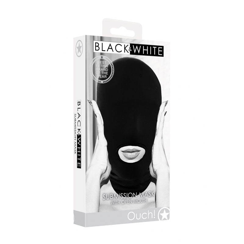 OUCH! Black & White Submission Mask - Black Hood Mask - Silk and Sin