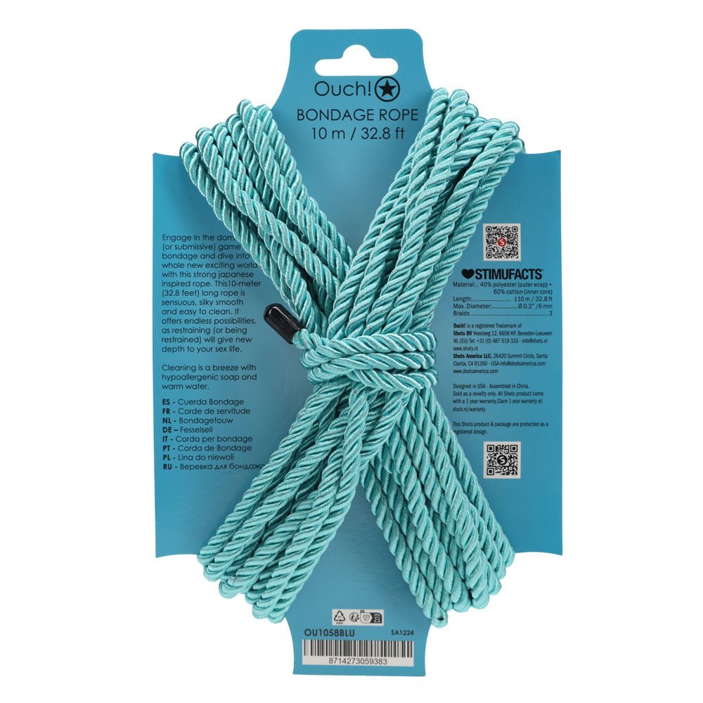 OUCH! Bondage Rope - 10 M - Blue - Blue Nylon Bondage Rope - 10 metre Length - Silk and Sin