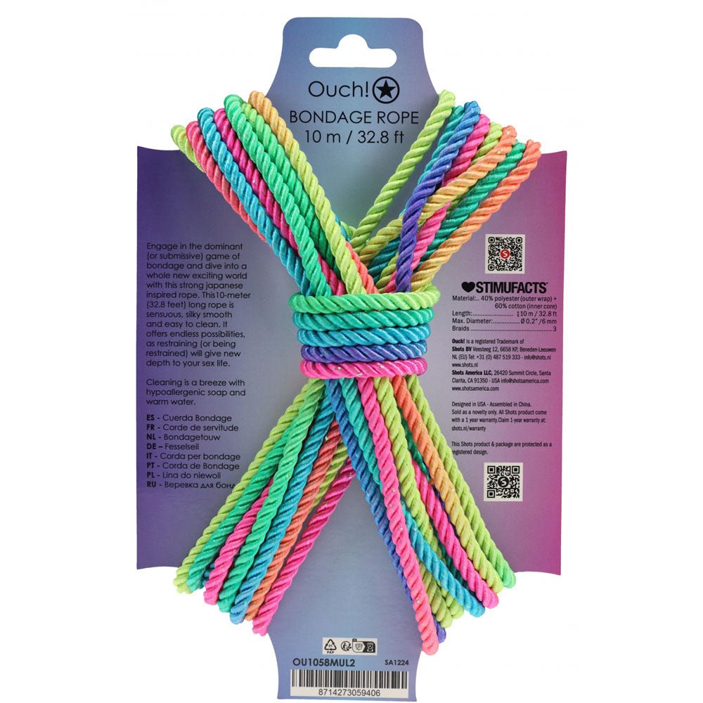OUCH! Bondage Rope - 10 M - Multicolour 2 - Multicoloured Nylon Bondage Rope - 10 metre Length - Silk and Sin