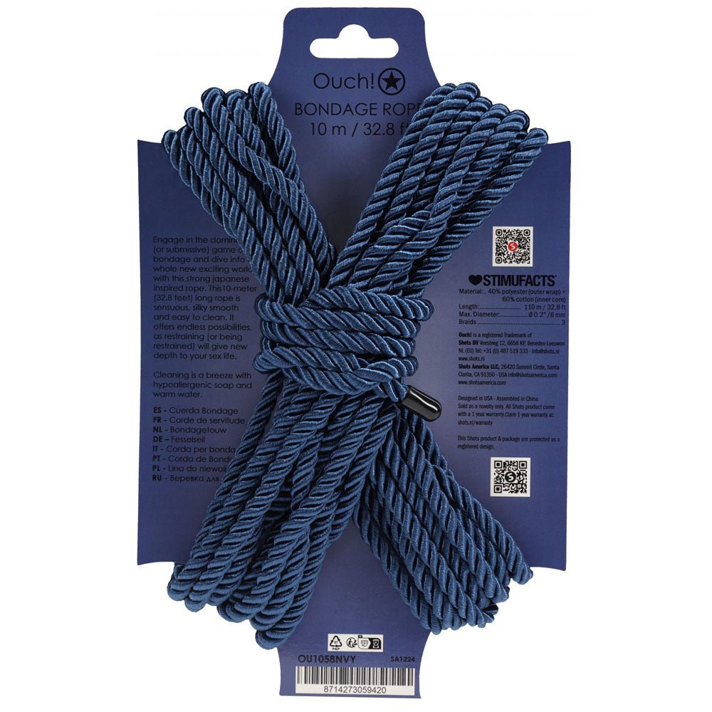 OUCH! Bondage Rope - 10 M - Navy Blue - Navy Blue Nylon Bondage Rope - 10 metre Length - Silk and Sin