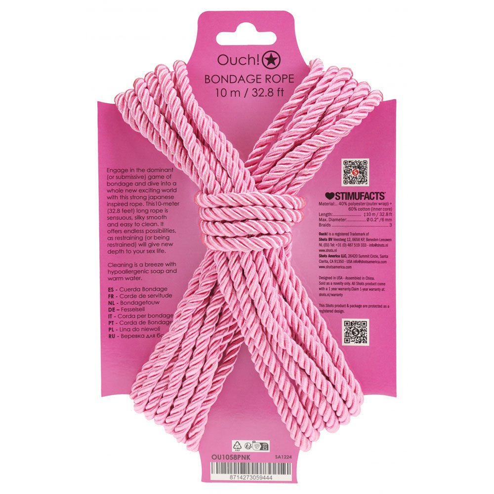 OUCH! Bondage Rope - 10 M - Pink - Pink Nylon Bondage Rope - 10 metre Length - Silk and Sin