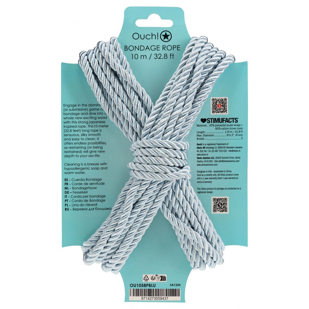 OUCH! Bondage Rope - 10 M - Powder Blue - Powder Blue Nylon Bondage Rope - 10 metre Length - Silk and Sin
