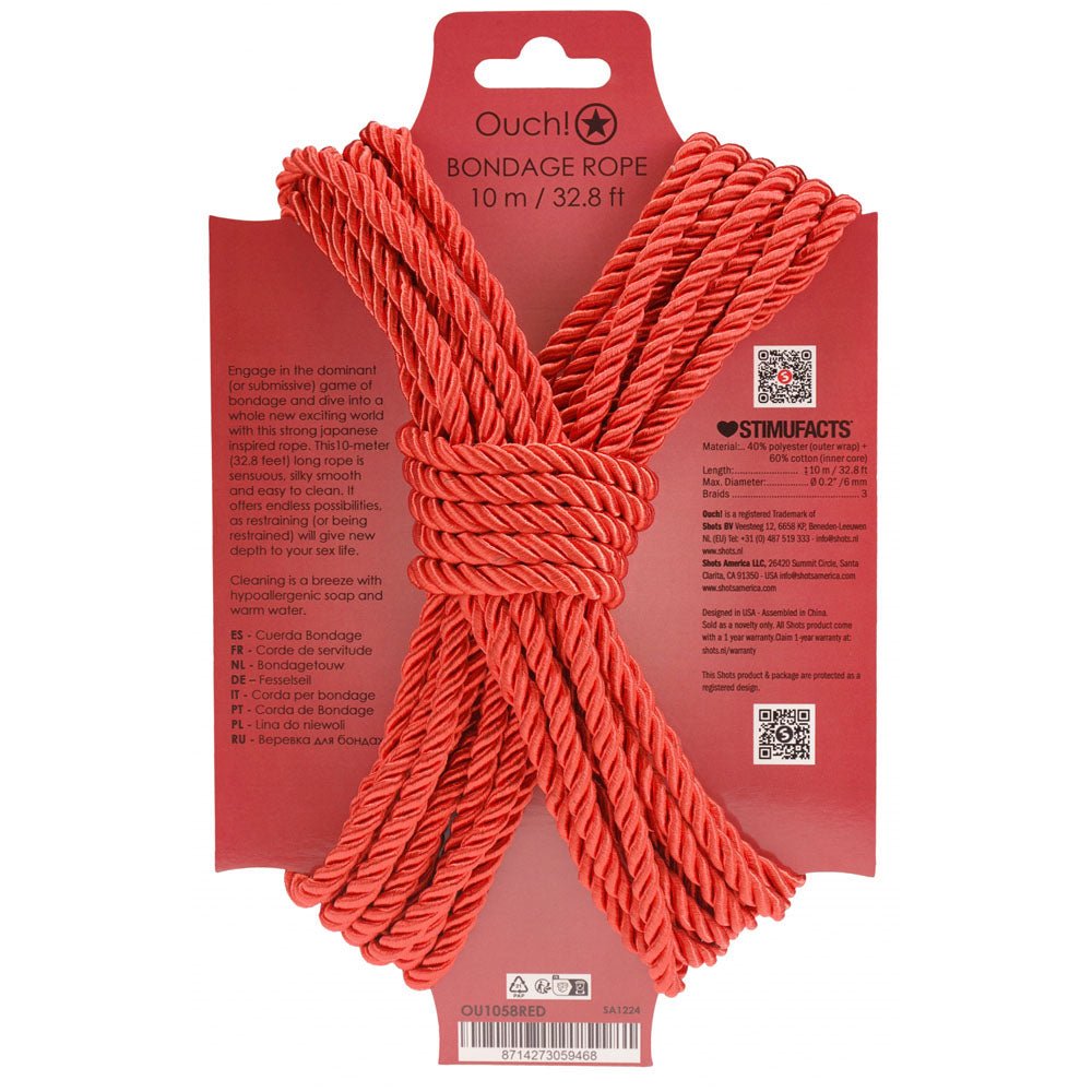 OUCH! Bondage Rope - 10 M - Red - Red Nylon Bondage Rope - 10 metre Length - Silk and Sin