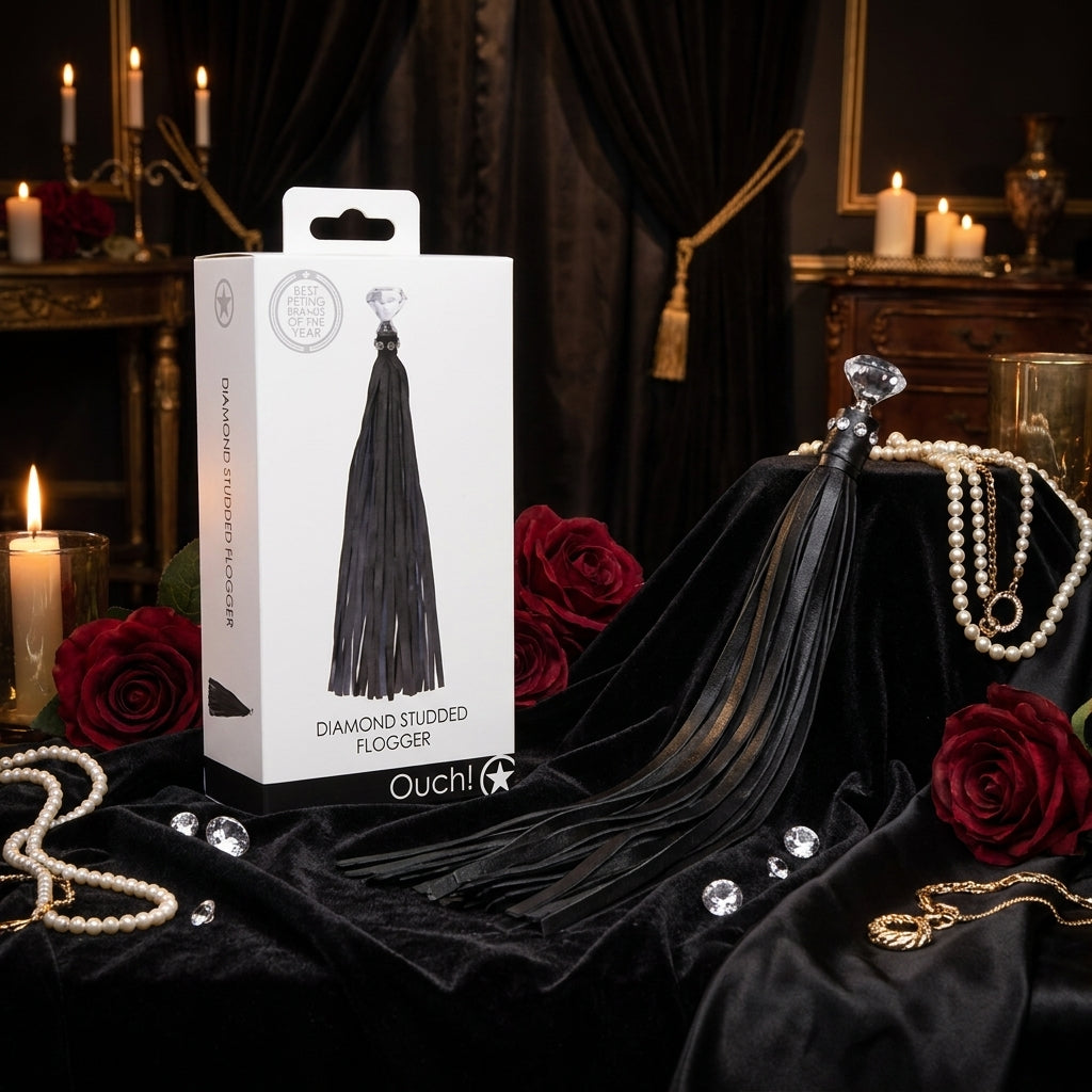 OUCH! Diamond Studded Whip - Black Whip - silkandsin