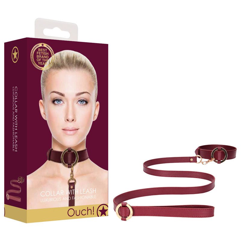 OUCH! Halo - Collar With Leash - Burgundy Restraint - silkandsin