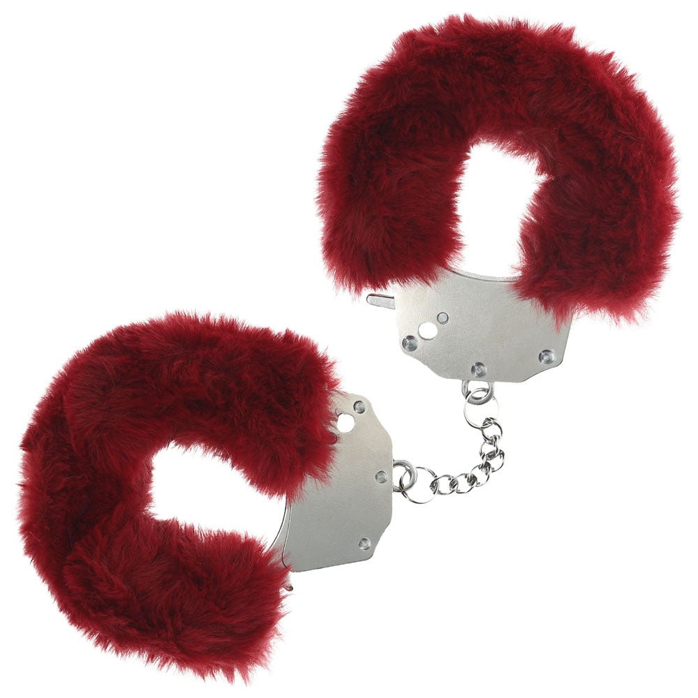 OUCH! Heavy - Duty Fluffy Cuffs - Burgundy - Burgundy Fluffy Restraints - silkandsin