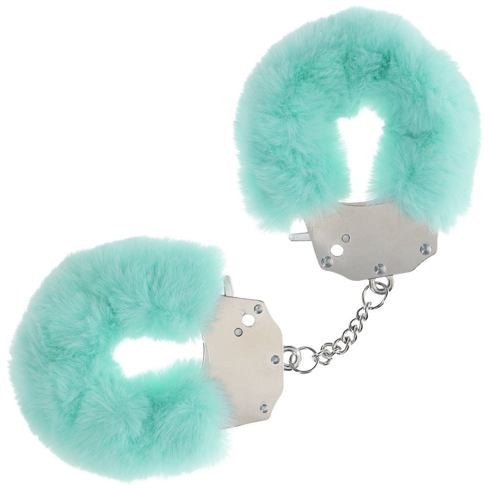 OUCH! Heavy-Duty Fluffy Cuffs - Powder Green - Powder Green Fluffy Restraints - Silk and Sin