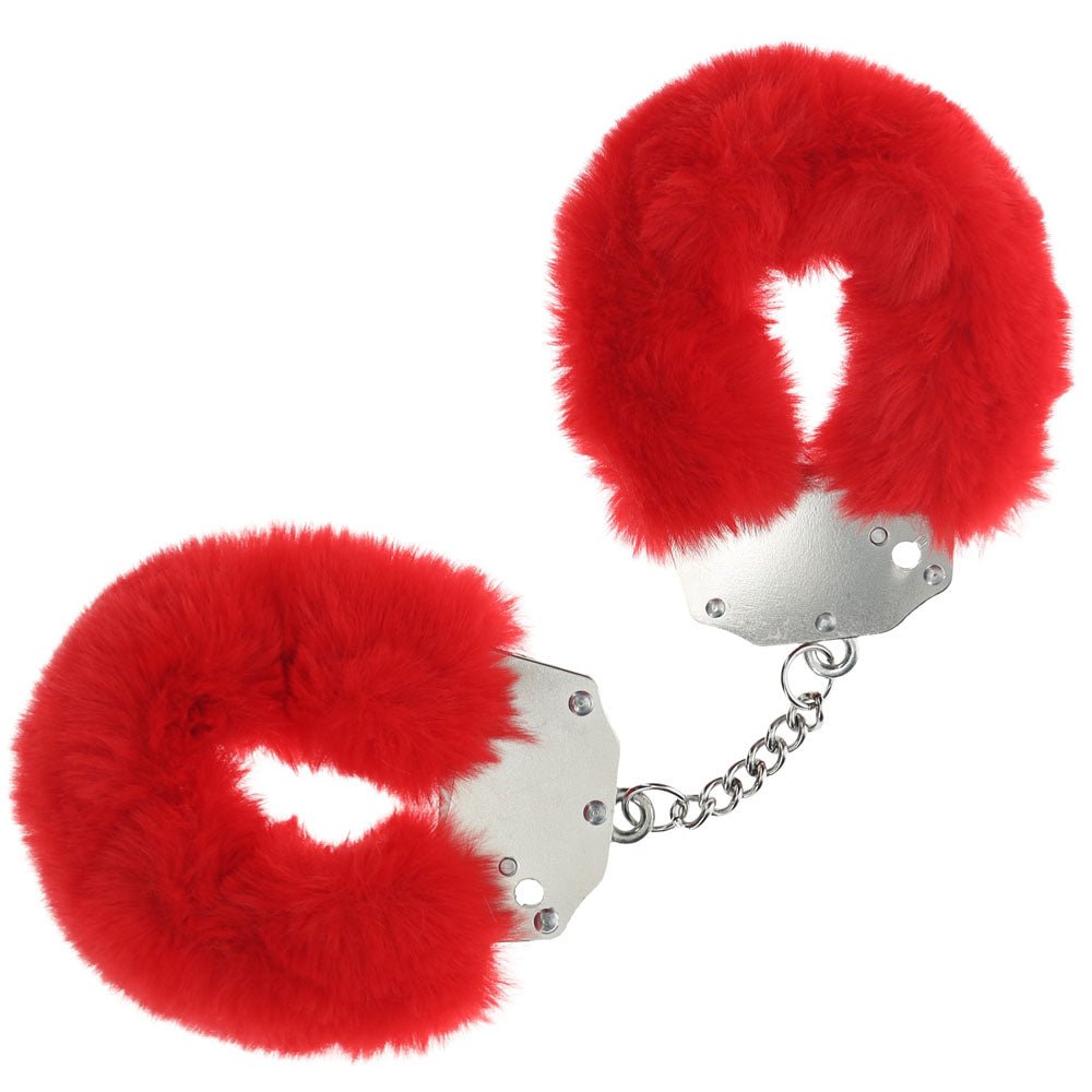 OUCH! Heavy-Duty Fluffy Cuffs - Red - Red Fluffy Restraints - Silk and Sin
