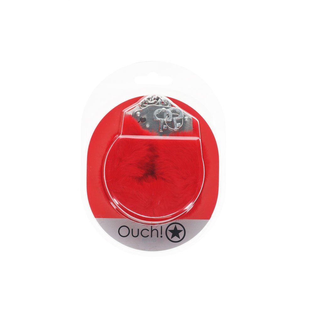 OUCH! Heavy-Duty Fluffy Cuffs - Red - Red Fluffy Restraints - Silk and Sin