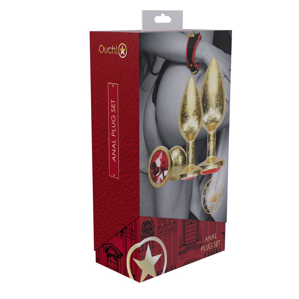 OUCH! Milan Collection - Metal Anal Plug Set - Gold - Gold Butt Plugs with Gem Bases - Set of 3 Sizes - Silk and Sin