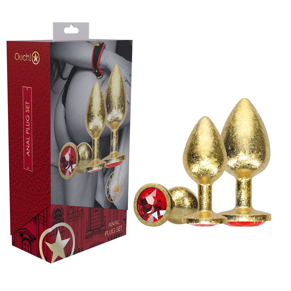OUCH! Milan Collection - Metal Anal Plug Set - Gold - Gold Butt Plugs with Gem Bases - Set of 3 Sizes - Silk and Sin
