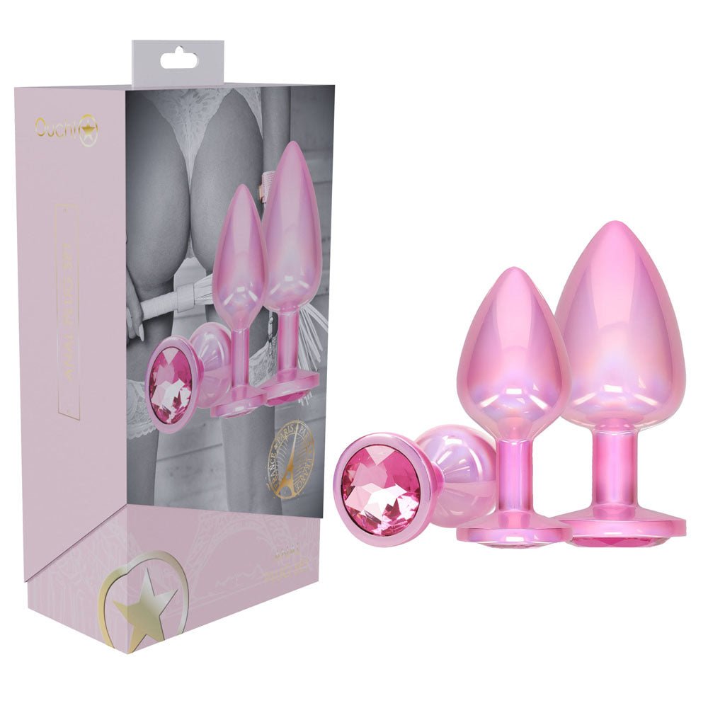 OUCH! Paris Collection - Metal Anal Plug Set - Pink - Metallic Pink Butt Plugs with Gem Bases - Set of 3 Sizes - Silk and Sin