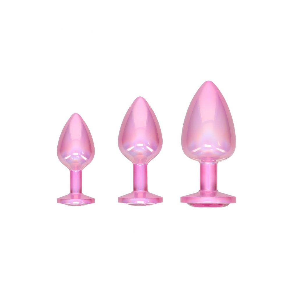 OUCH! Paris Collection - Metal Anal Plug Set - Pink - Metallic Pink Butt Plugs with Gem Bases - Set of 3 Sizes - Silk and Sin