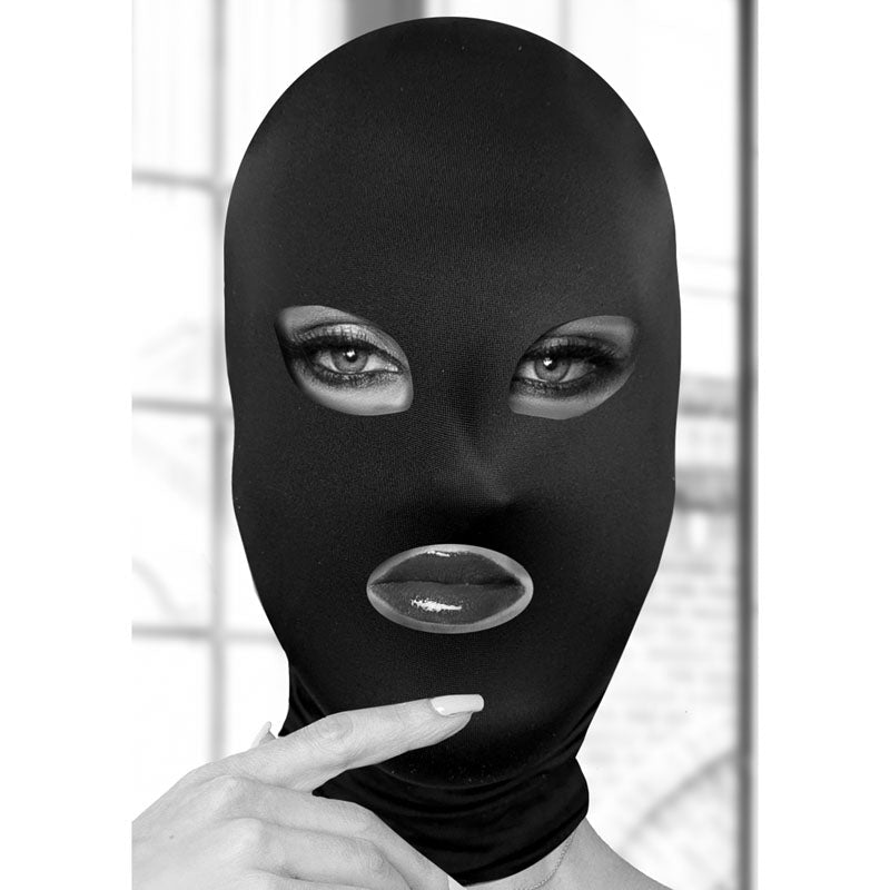 OUCH! Subversion Mask With Open Mouth - Black Hood - Silk and Sin