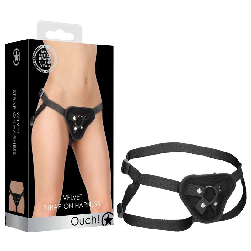 OUCH! Velvet & Velcro Adjustable Harness with O - Ring - Black Strap - On Harness (No Probe Included) - silkandsin