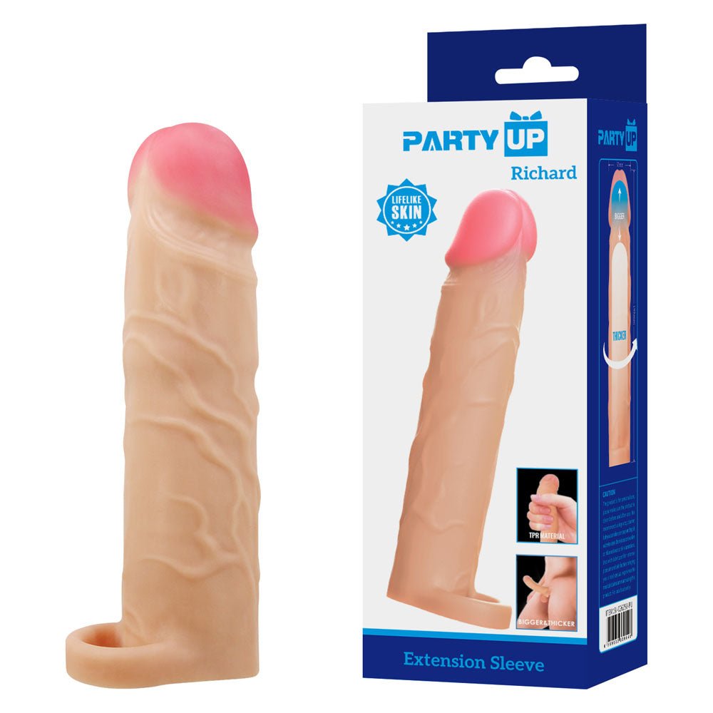Party Up RICHARD 3 Inch Extender Sleeve - Flesh 3 Inch Penis Extender Sleeve with Ball Strap - Silk and Sin