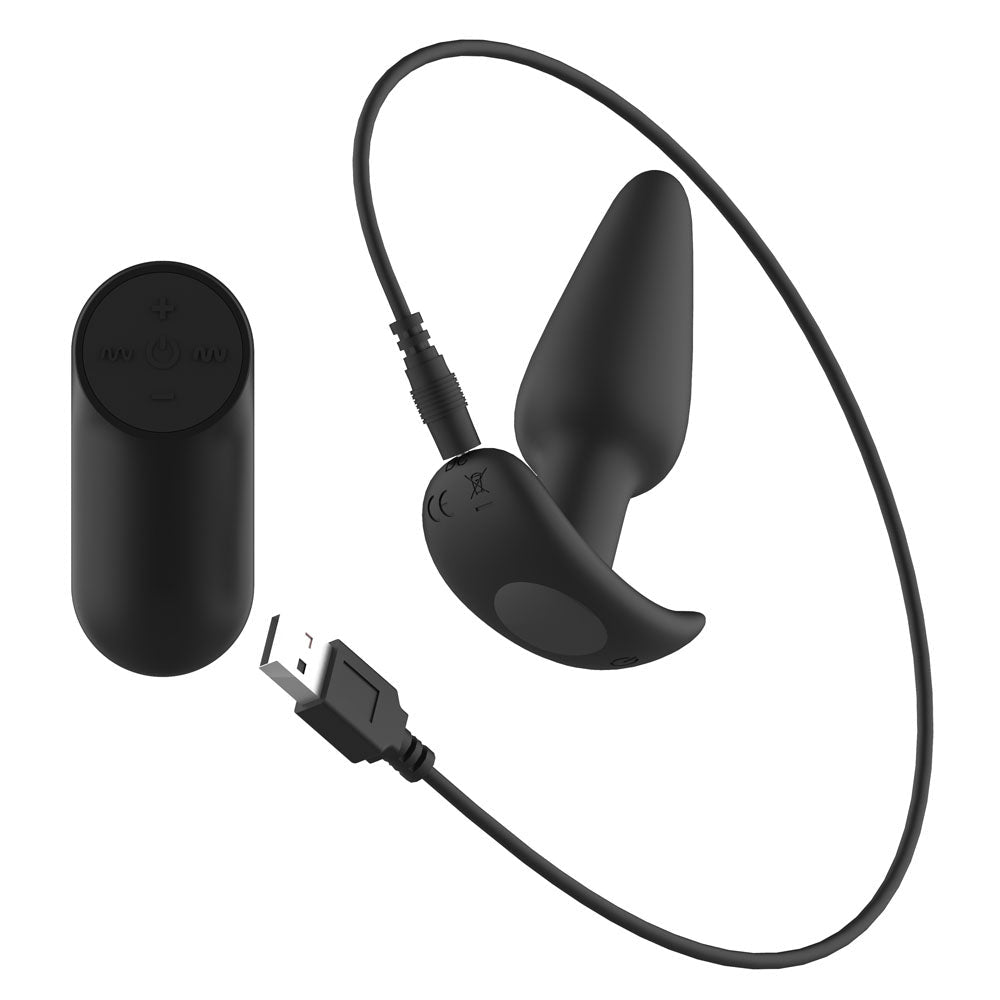 Passion Play Silicone Vibrating Butt Plug with Remote - Black 10.4 cm USB Rechargeable Vibrating Butt Plug with Wireless Remote - Silk and Sin