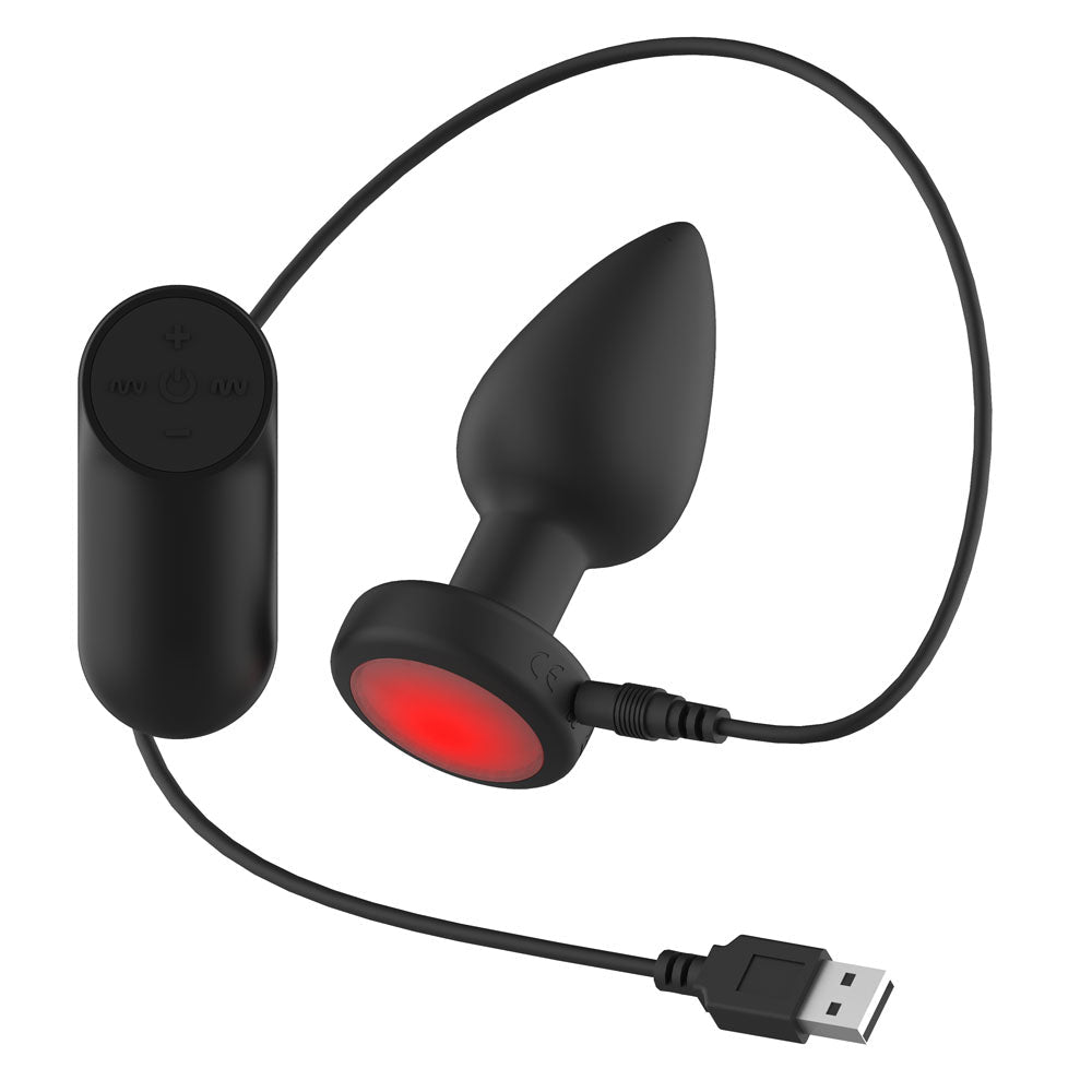 Passion Play Vibrating Butt Plug with LED Base - M - Black 10.4 cm USB Rechargeable Vibrating Butt Plug with LED Base and Wireless Remote - Silk and Sin