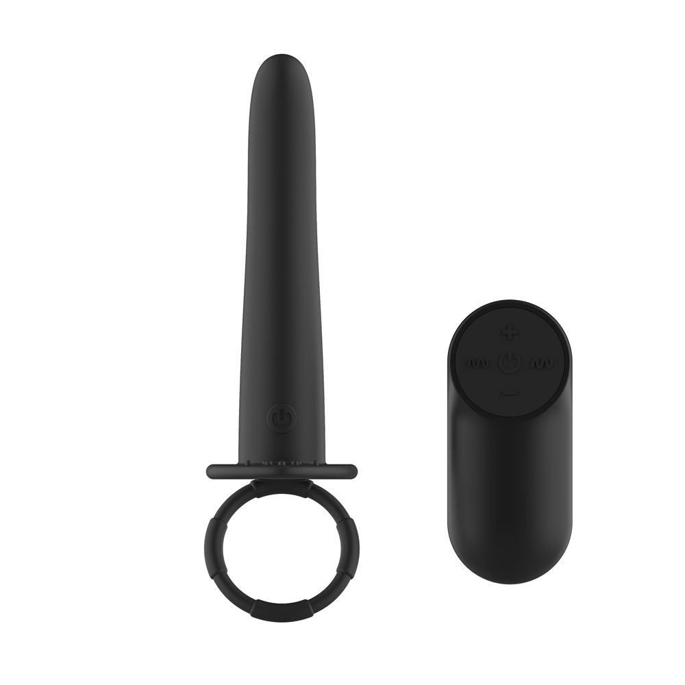 Passion Play Vibrating Double Penetrator with Remote - Black USB Rechargeable Vibrating Double Penetrator Cock Ring with Wireless Remote - Silk and Sin