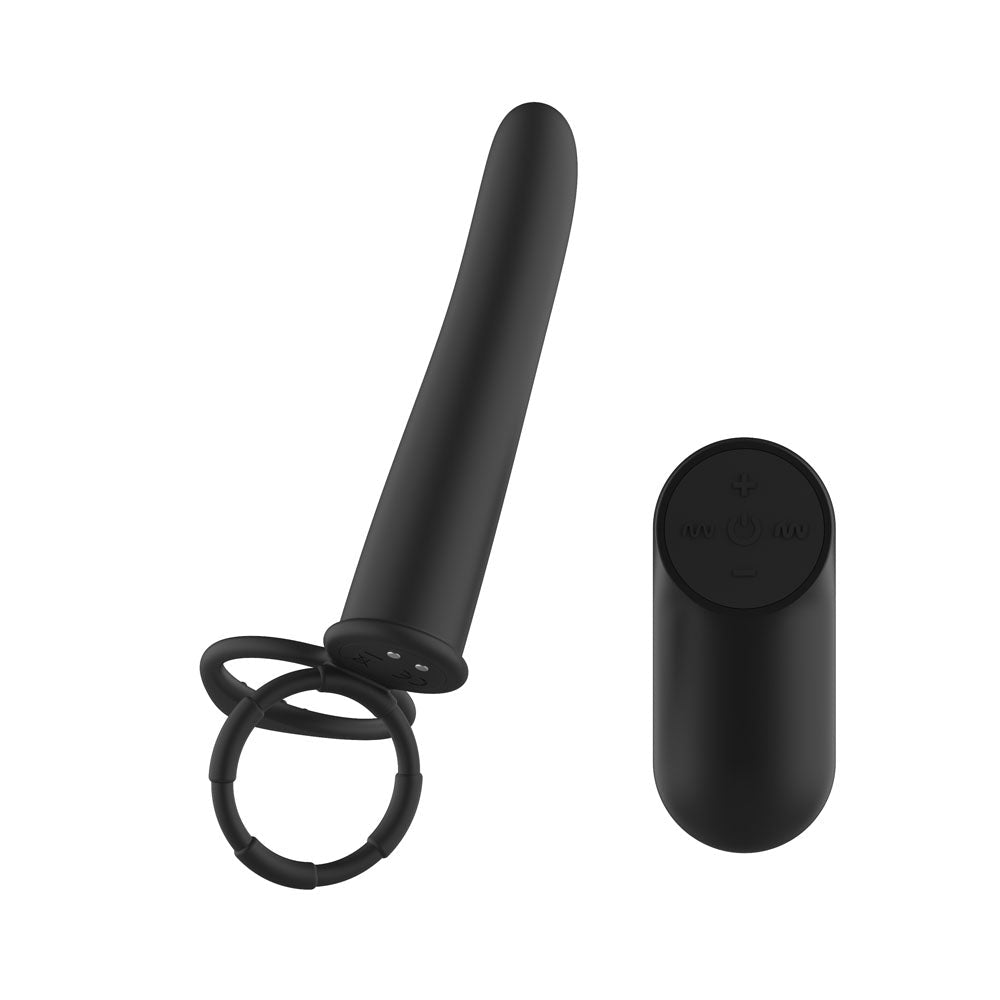Passion Play Vibrating Double Penetrator with Remote - Black USB Rechargeable Vibrating Double Penetrator Cock Ring with Wireless Remote - Silk and Sin