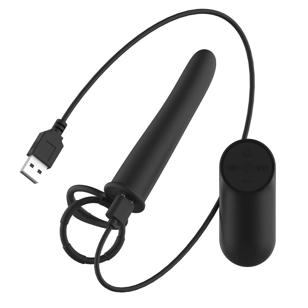 Passion Play Vibrating Double Penetrator with Remote - Black USB Rechargeable Vibrating Double Penetrator Cock Ring with Wireless Remote - Silk and Sin