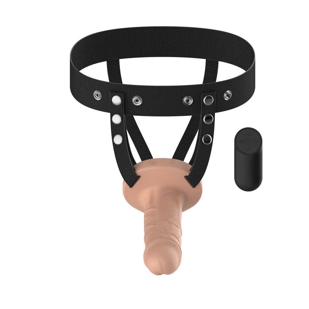 Passion Play Vibrating Realistic Hollow Strap-On - Flesh - Flesh 15.5 cm USB Rechargeable Vibrating Hollow Strap-On with Wireless Remote - Silk and Sin