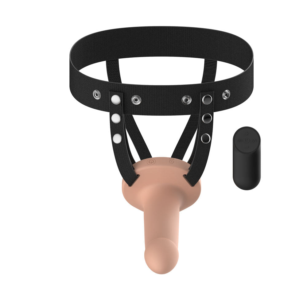 Passion Play Vibrating Smooth Hollow Strap-On - Flesh - Flesh 15.5 cm USB Rechargeable Vibrating Hollow Strap-On with Wireless Remote - Silk and Sin