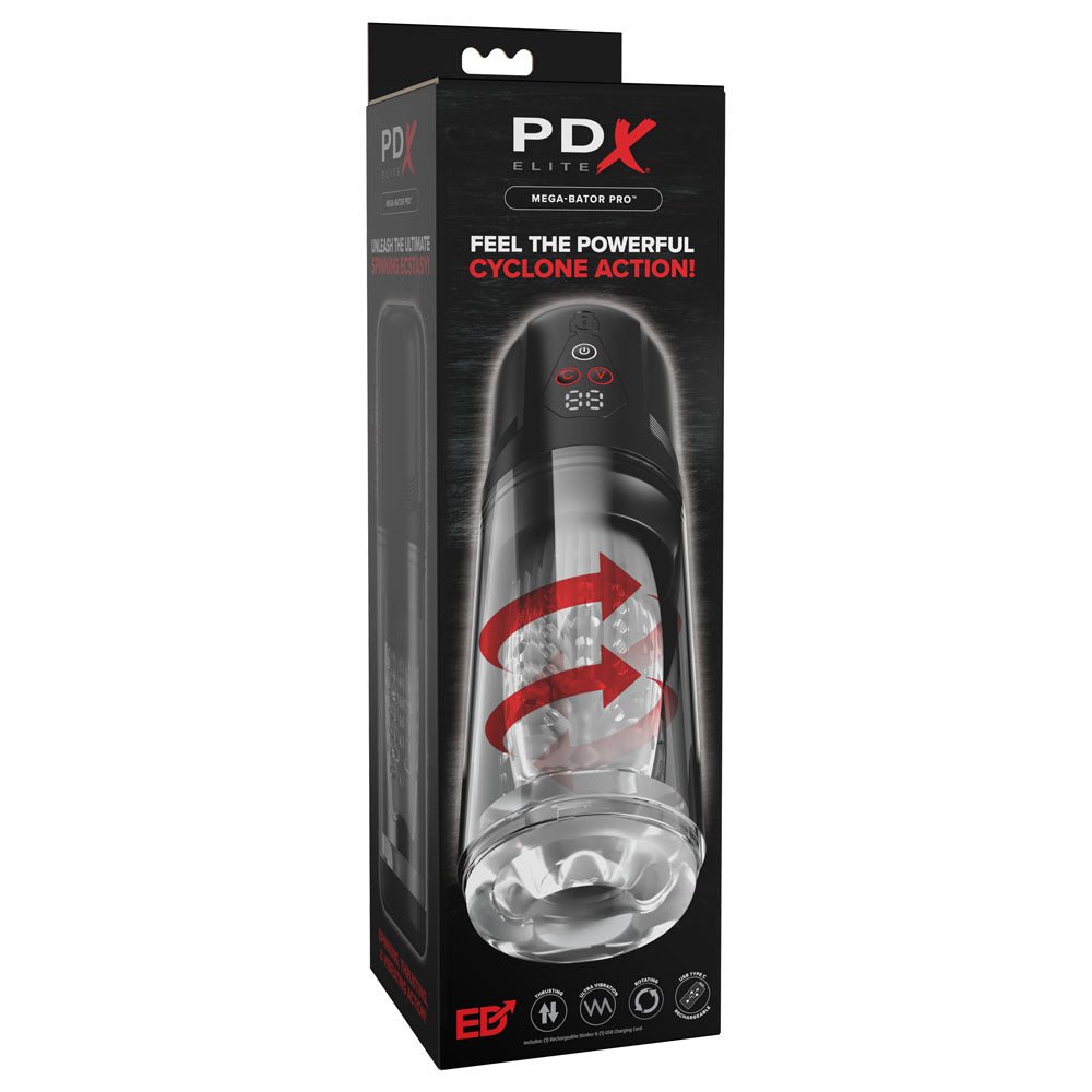 PDX Elite Mega-Bator Pro - Clear USB Rechargeable Vibrating & Spinning Auto Stroker - Silk and Sin