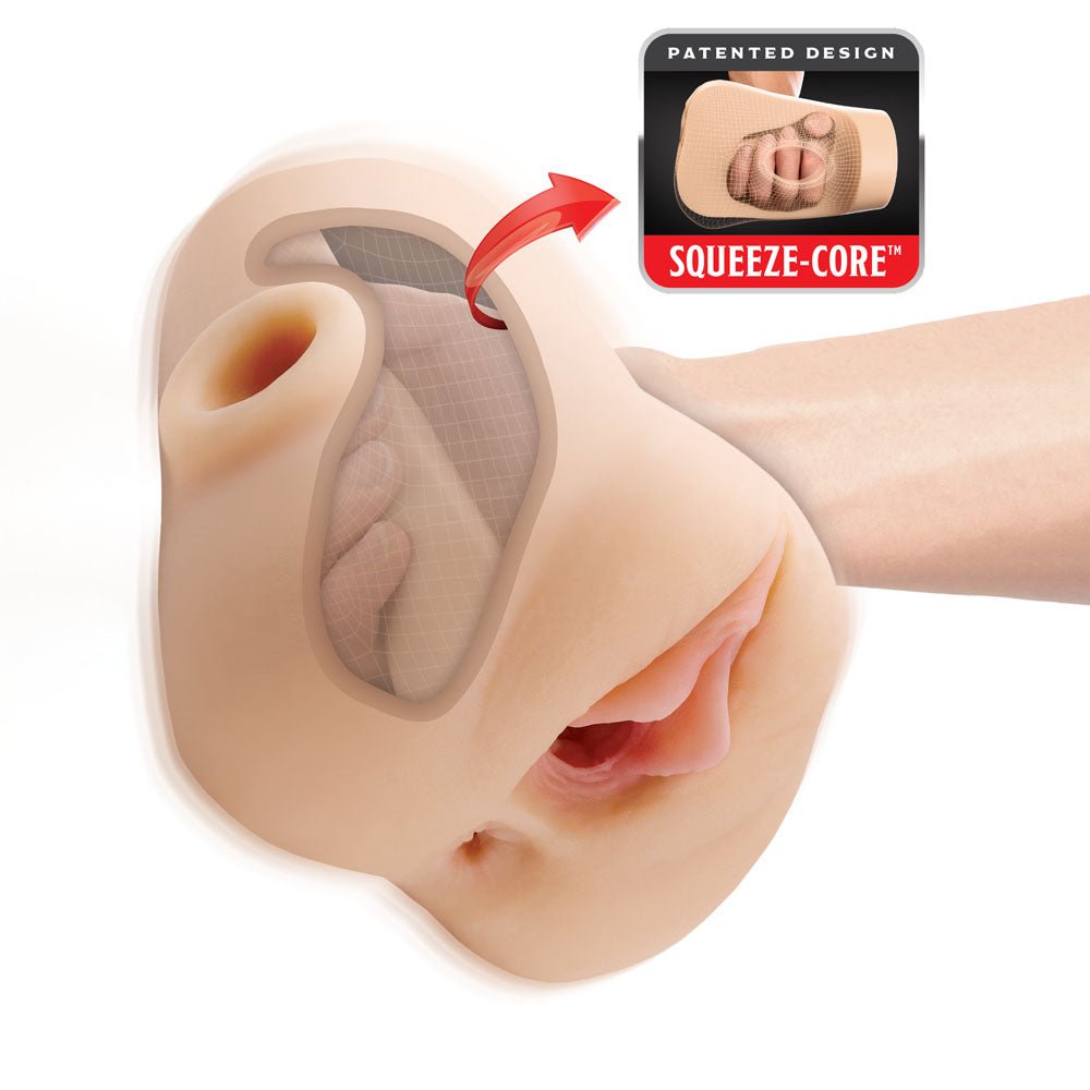 PDX Plus Double Pounder Vibrating Squeeze Stroker - Flesh - Flesh USB Rechargeable Vibrating Vagina Stroker - silkandsin