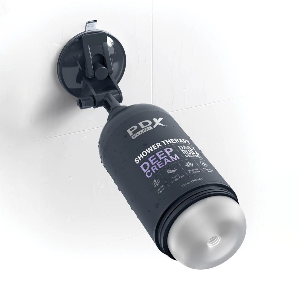PDX Plus Shower Therapy - Deep Cream - Frosted - Clear Discreet Stroker with Suction Base - silkandsin