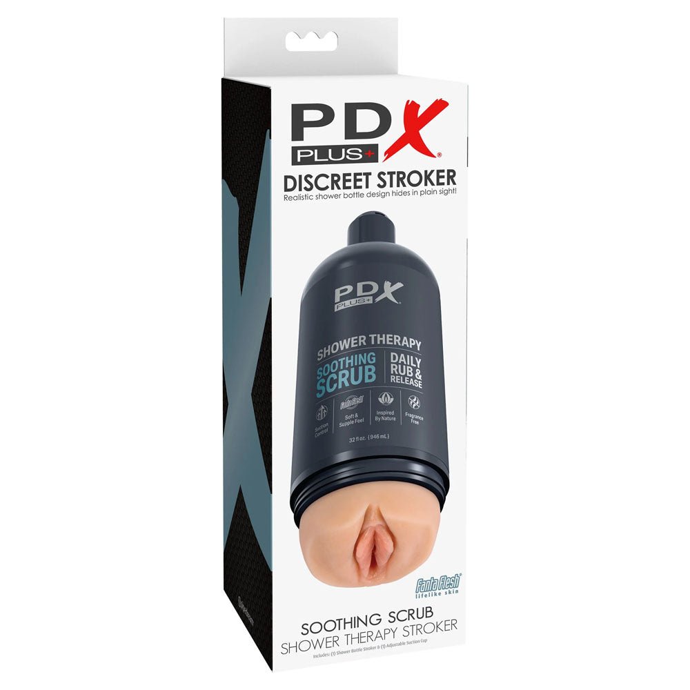 PDX Plus Shower Therapy - Soothing Scrub - Flesh - Flesh Discreet Vagina Stroker with Suction Base - silkandsin