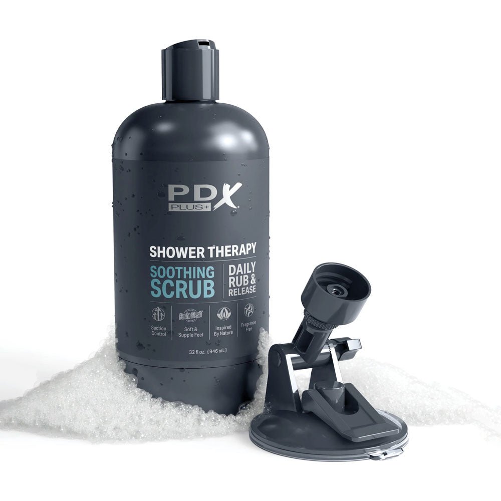 PDX Plus Shower Therapy - Soothing Scrub - Flesh - Flesh Discreet Vagina Stroker with Suction Base - silkandsin