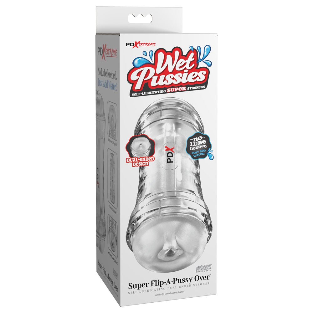 PDX Wet Pussies Super Flip-A-Pussy Over - Clear - Clear Dual Ended Self Lubricating Stroker (Vagina & Ass) - Silk and Sin