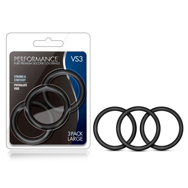 Performance VS3 Pure Premium Silicone Cockrings - Black Large Cock Rings - Set of 3 - Silk and Sin