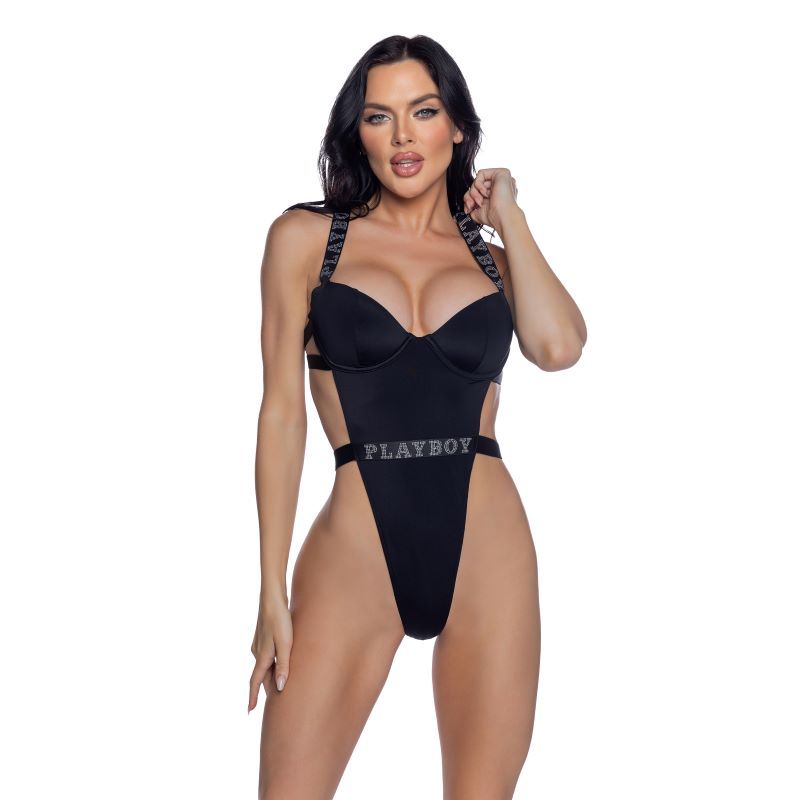 PlayBoy Black High - Leg 1 Pc Swimsuit with Rhinestone Logo - silkandsin
