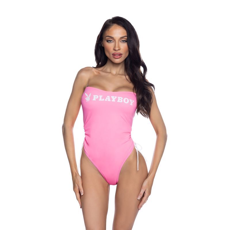 PlayBoy Pink 1 Pc Swimsuit with Ruched Side Ties & Removable Clear Straps - silkandsin