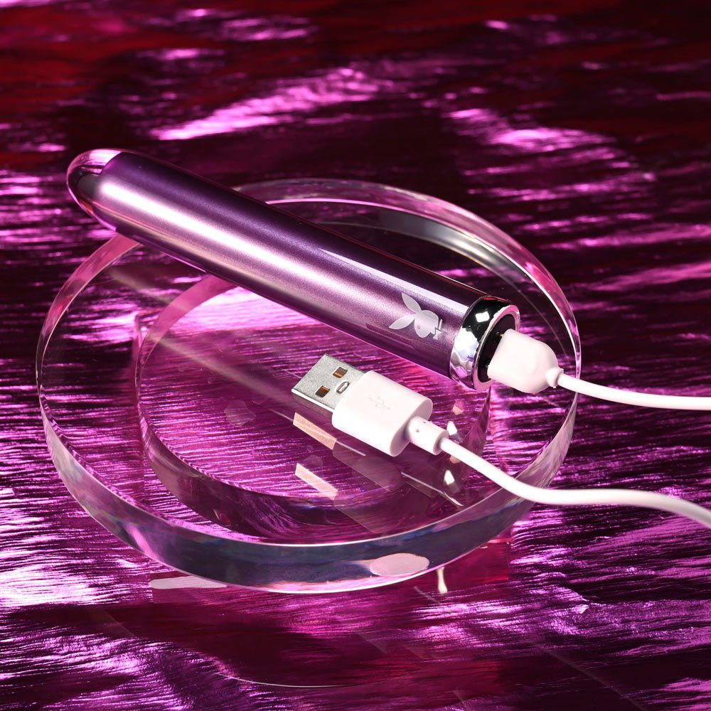 Playboy Pleasure AMETHYST - Purple 12.4 cm USB Rechargeable Glass Tipped Mini Vibrator - silkandsin