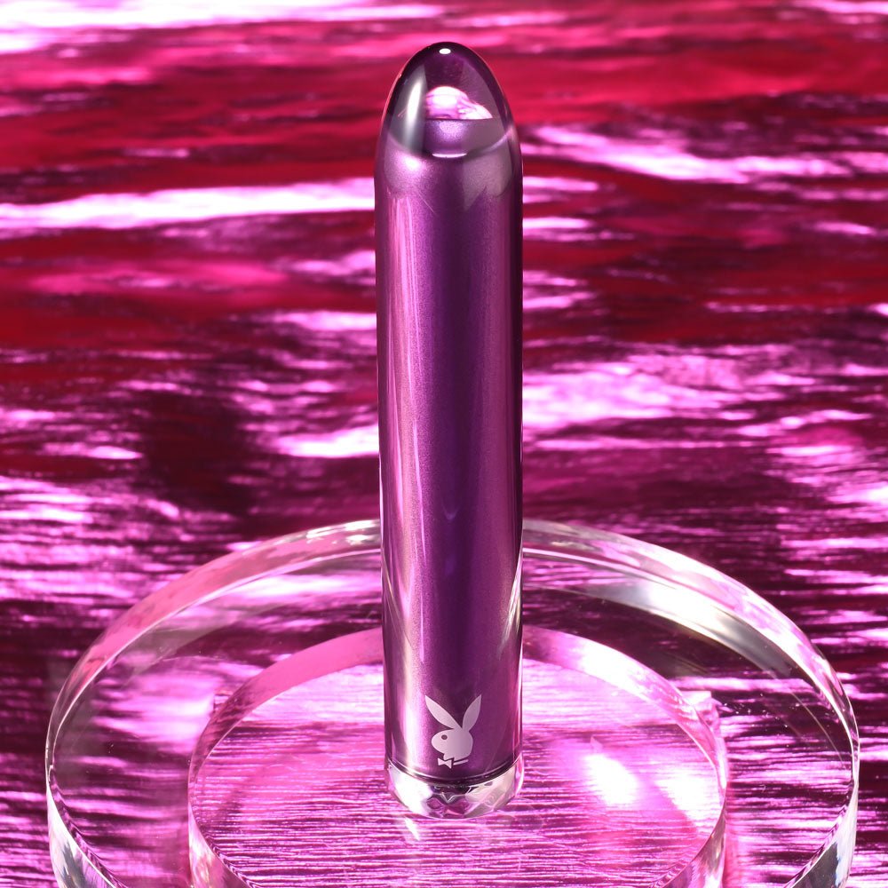 Playboy Pleasure AMETHYST - Purple 12.4 cm USB Rechargeable Glass Tipped Mini Vibrator - silkandsin