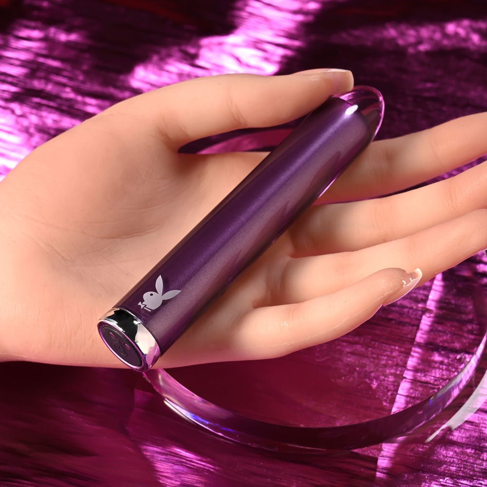 Playboy Pleasure AMETHYST - Purple 12.4 cm USB Rechargeable Glass Tipped Mini Vibrator - silkandsin
