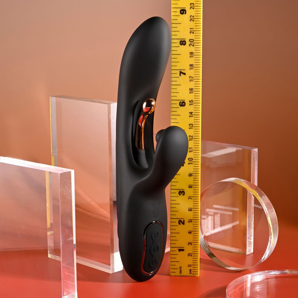 Playboy Pleasure AUREUS - Black 22.7 cm USB Rechargeable Rabbit Vibrator with Internal Flicker - silkandsin