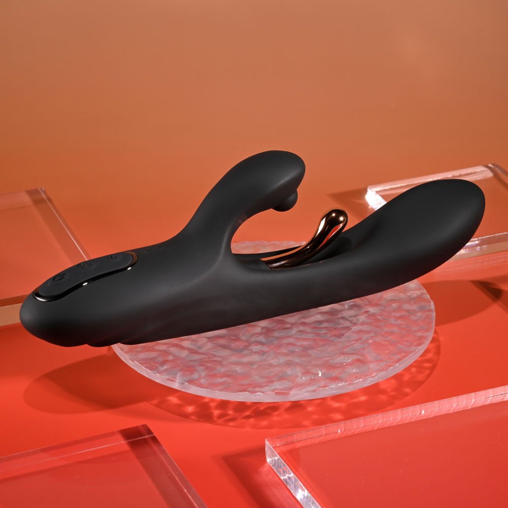Playboy Pleasure AUREUS - Black 22.7 cm USB Rechargeable Rabbit Vibrator with Internal Flicker - silkandsin