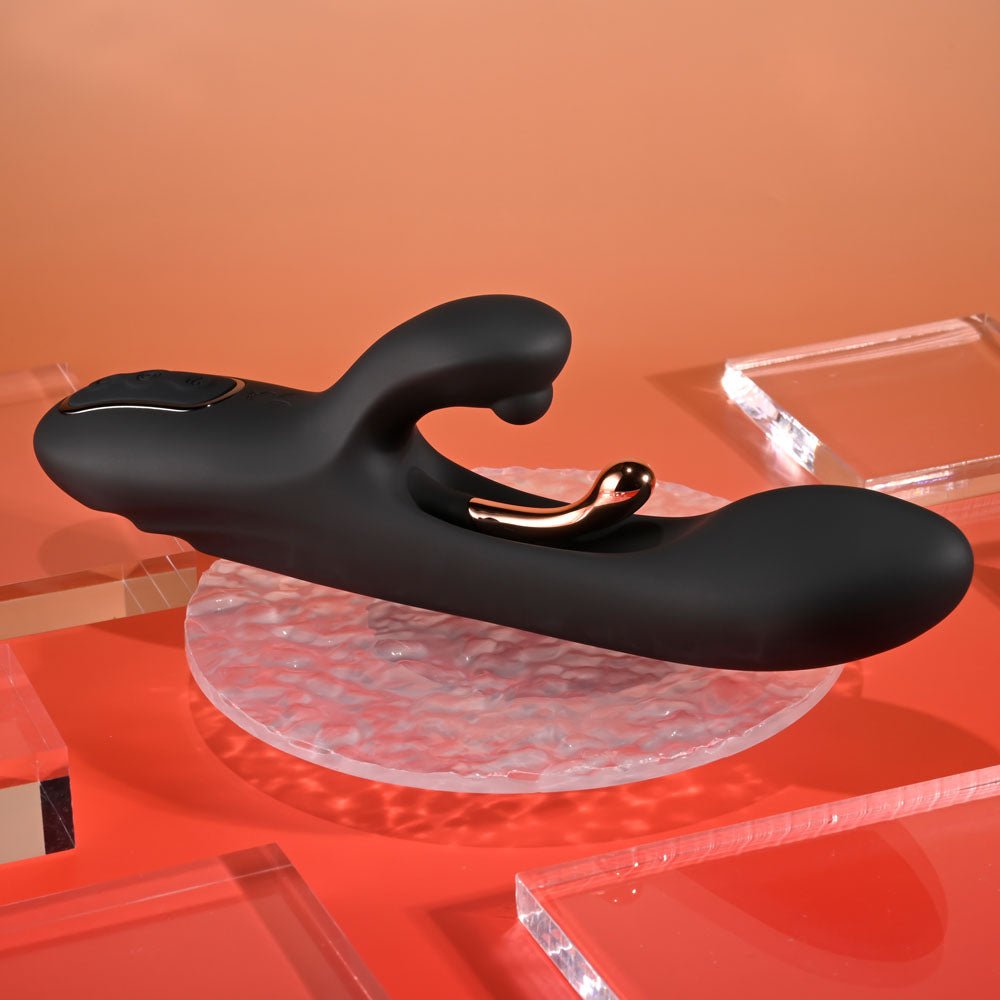 Playboy Pleasure AUREUS - Black 22.7 cm USB Rechargeable Rabbit Vibrator with Internal Flicker - silkandsin