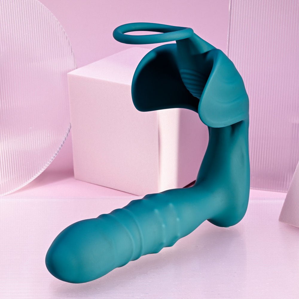 Playboy Pleasure BRING IT ON - Teal USB Rechargeable Thrusting Anal Plug with Cock Ring - silkandsin