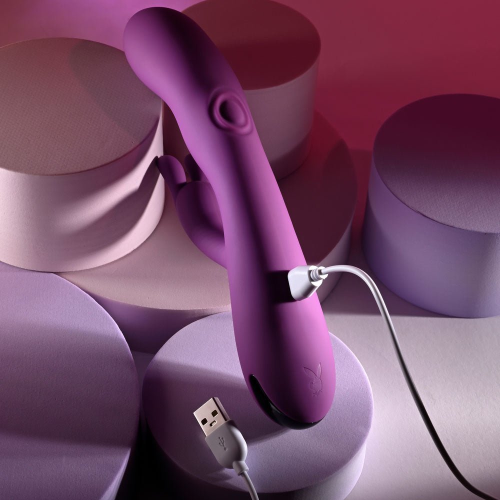 Playboy Pleasure BUSY BUNNY - Purple 22.6 cm USB Rechargeable Rabbit Vibrator with Tapping Shaft - silkandsin