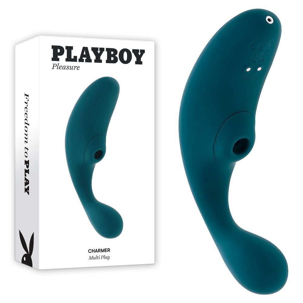 Playboy Pleasure CHARMER - Blue USB Rechargeable Vibrator with Clitoral Suction - silkandsin