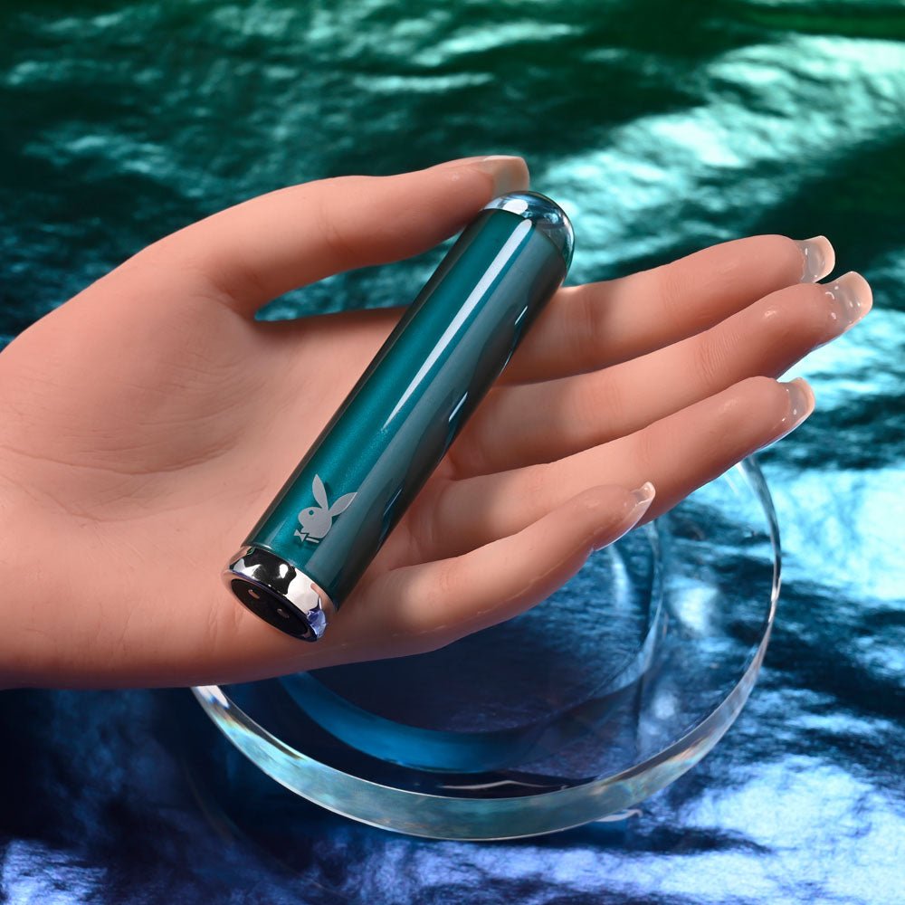 Playboy Pleasure EMERALD - Blue 9.1 cm USB Rechargeable Glass Tipped Bullet - silkandsin