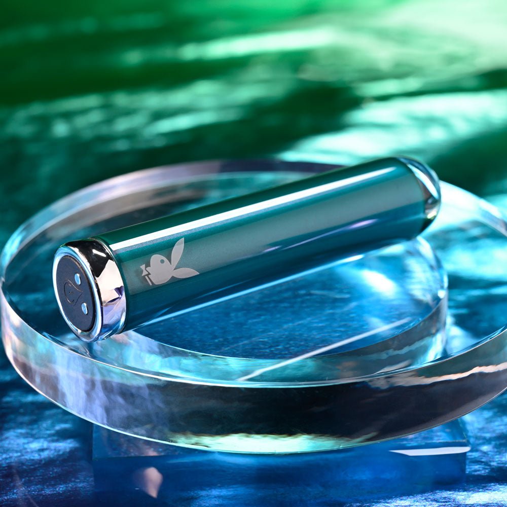 Playboy Pleasure EMERALD - Blue 9.1 cm USB Rechargeable Glass Tipped Bullet - silkandsin