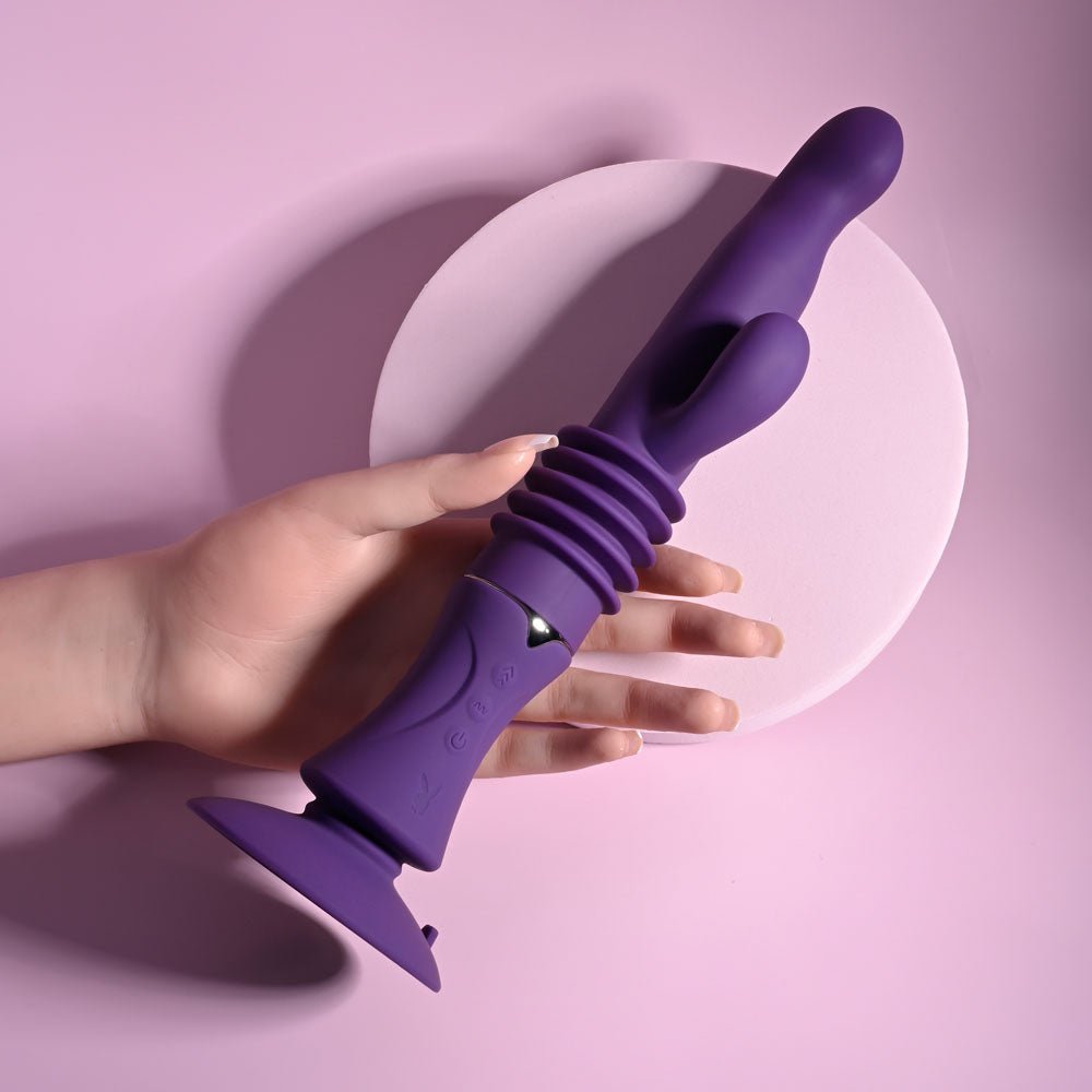 Playboy Pleasure HOPPY ENDING - Purple 29.2 cm USB Rechargeable Thrusting Rabbit Vibrator - Silk and Sin